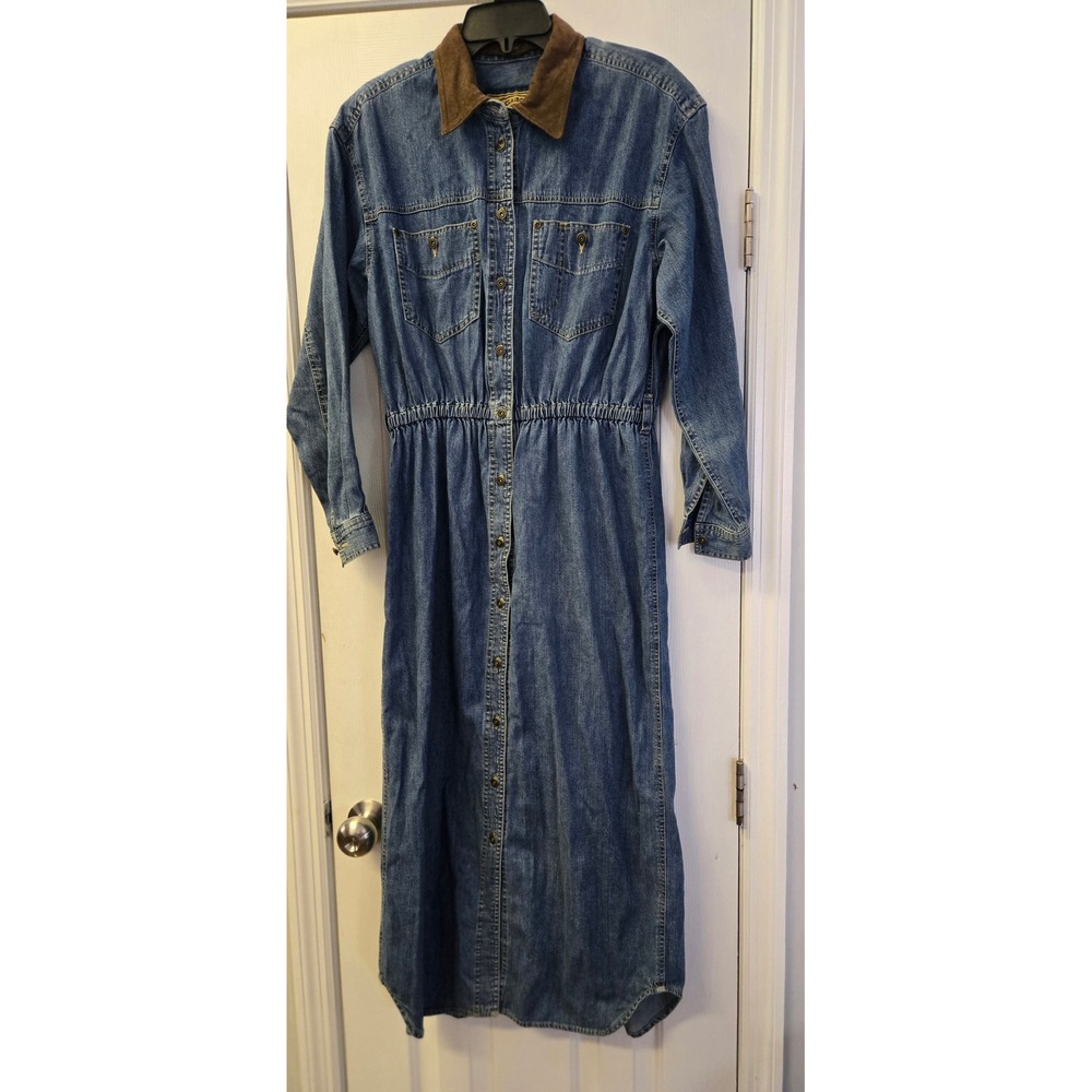 Vintage Denim Maxi Dress 90s Y2K Shldr pads Suede Collar Blue Western M Farm
